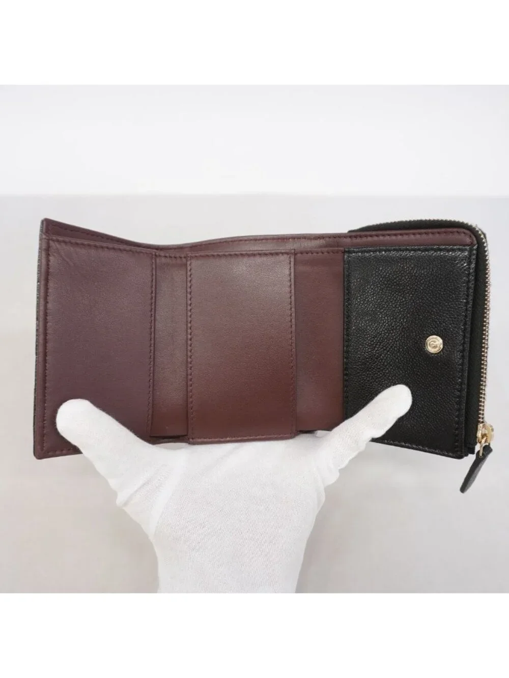 Chanel Trifold Wallet Quilted Caviar Leather Black Champagne Gold